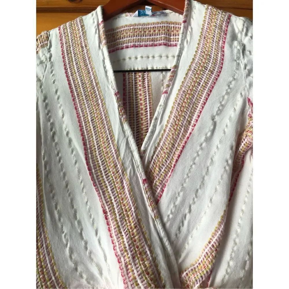 Blue Island Boho Wrap Dress XS Cream Striped Ruffle Hem Rayon - Picture 4 of 13